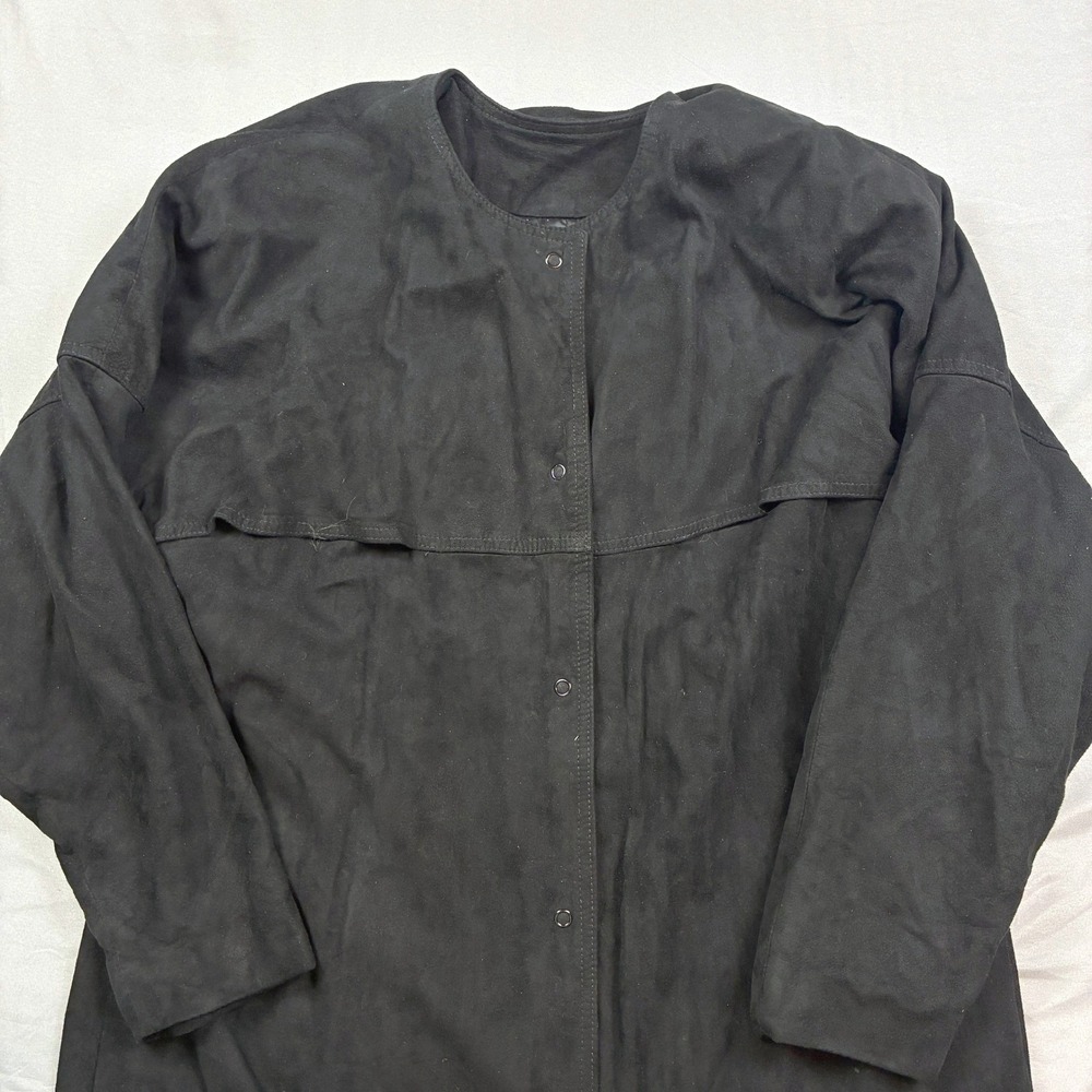 Fendi Roma Leather Coat Womens Medium Black Suede Snap Front Longline Luxury